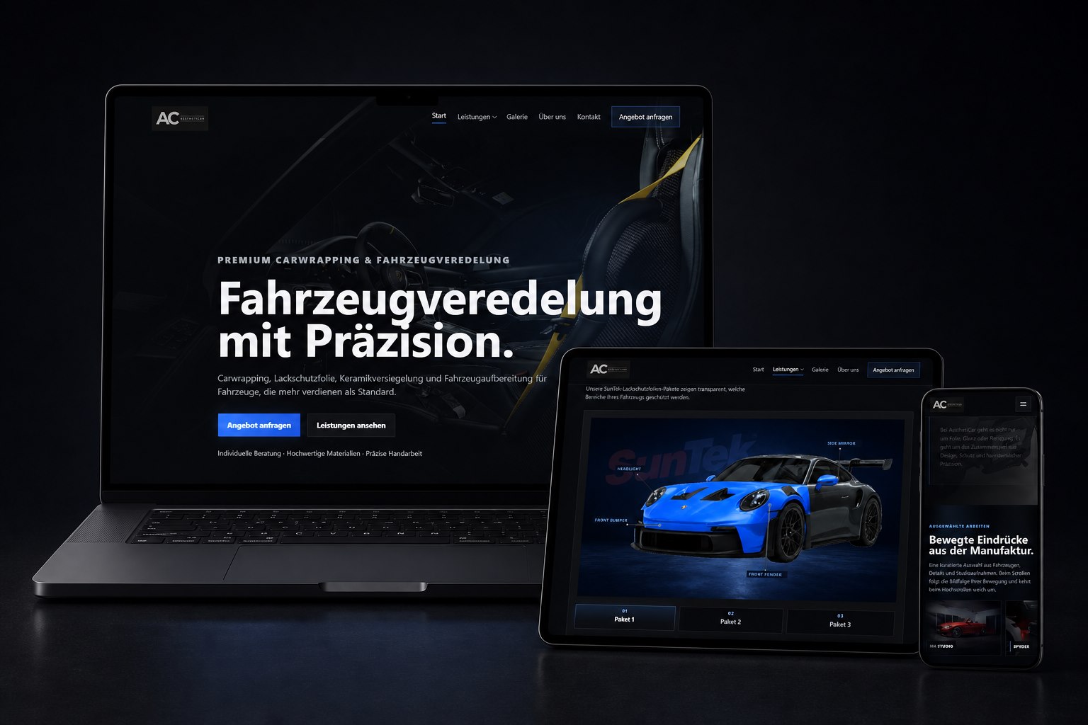 Aktuelle AesthetiCar Website mit Homepage-Hero, PPF-Paketvisualisierung und Manufaktur-Galerie auf Laptop, Tablet und Smartphone