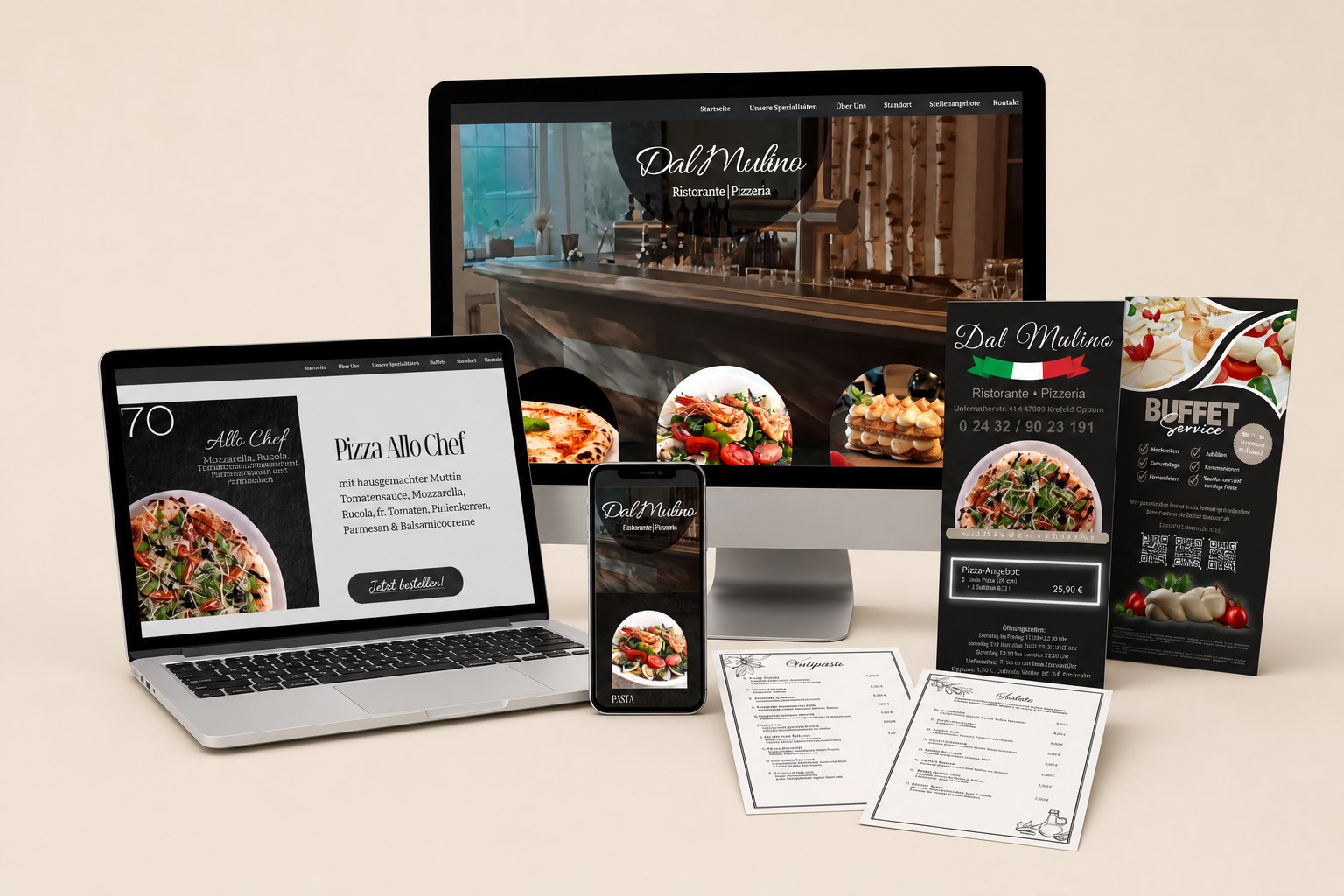Dal Mulino Website auf Desktop, Laptop und Smartphone mit Speisekarten und Printmaterialien